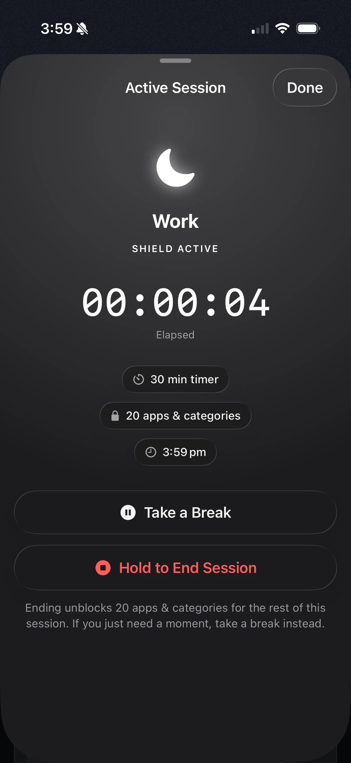 Active work session with shield enabled, elapsed timer, break and end session controls.