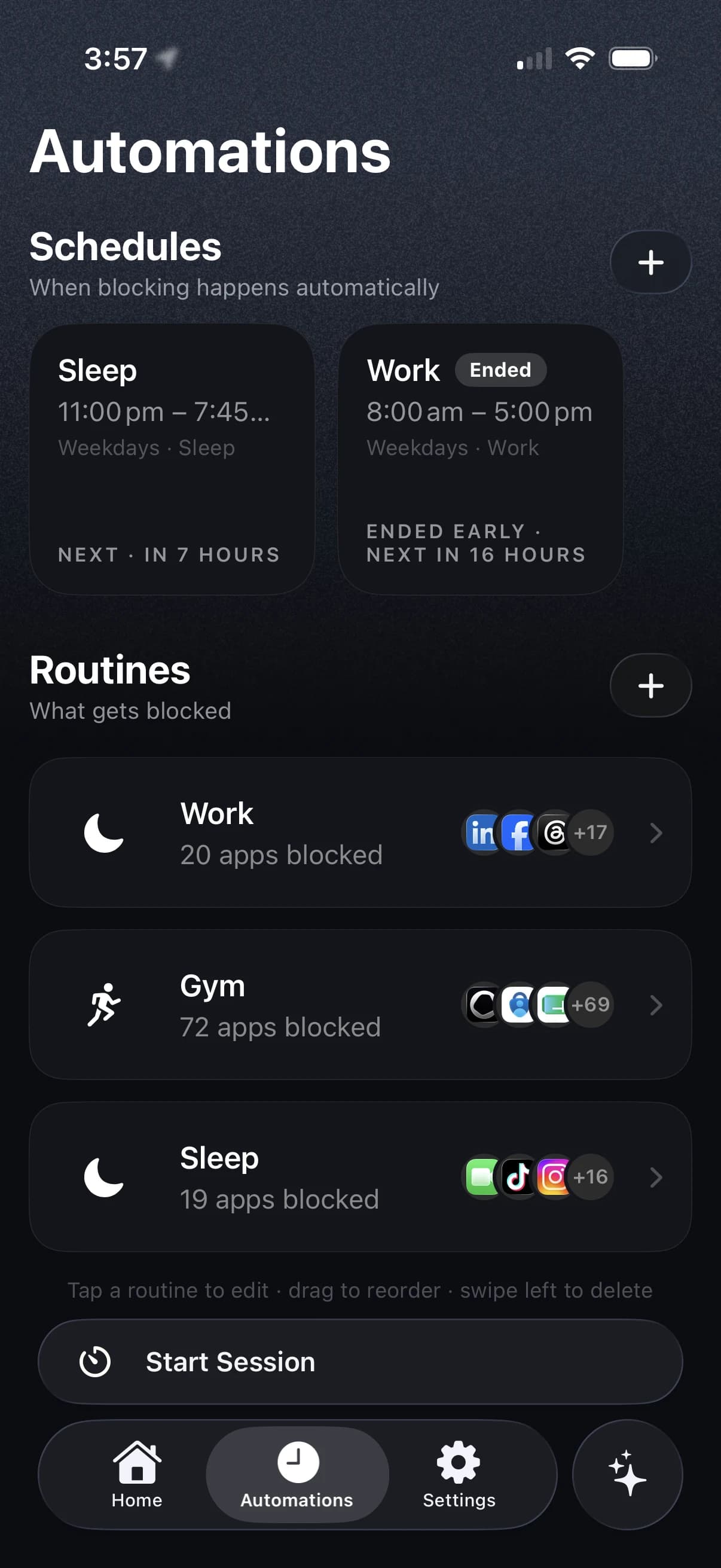 Automations screen with scheduled blocking windows and routines for work, gym and sleep.